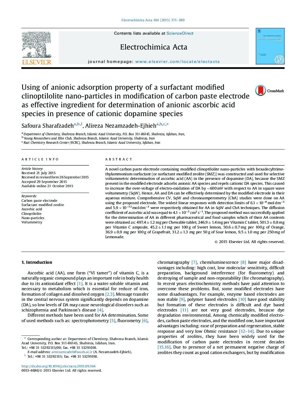 Using of anionic adsorption property of a surfactant modified clinoptilolite nano-particles in modification of carbon paste electrode as effective ingredient for determination of anionic ascorbic acid species in presence of cationic dopamine species