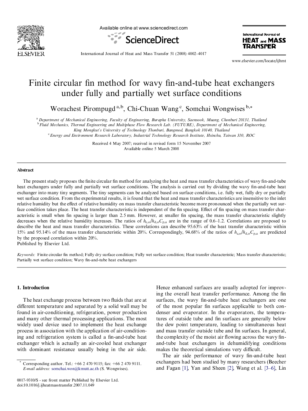 Finite circular fin method for wavy fin-and-tube heat exchangers under fully and partially wet surface conditions