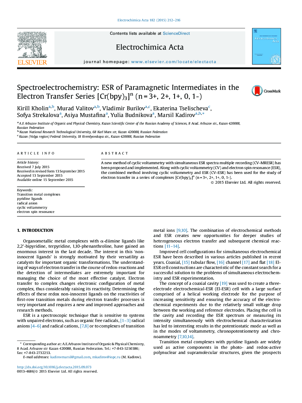 Spectroelectrochemistry: ESR of Paramagnetic Intermediates in the Electron Transfer Series [Cr(bpy)3]n (nÂ =Â 3+, 2+, 1+, 0, 1-)