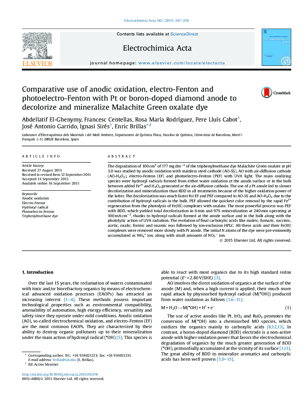 Comparative use of anodic oxidation, electro-Fenton and photoelectro-Fenton with Pt or boron-doped diamond anode to decolorize and mineralize Malachite Green oxalate dye