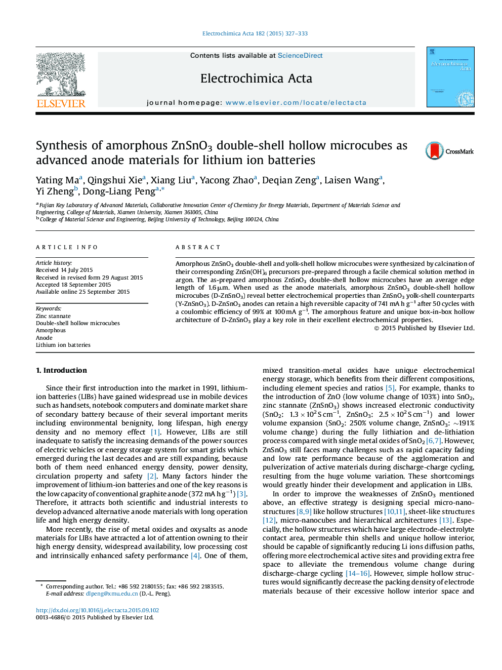 Synthesis of amorphous ZnSnO3 double-shell hollow microcubes as advanced anode materials for lithium ion batteries