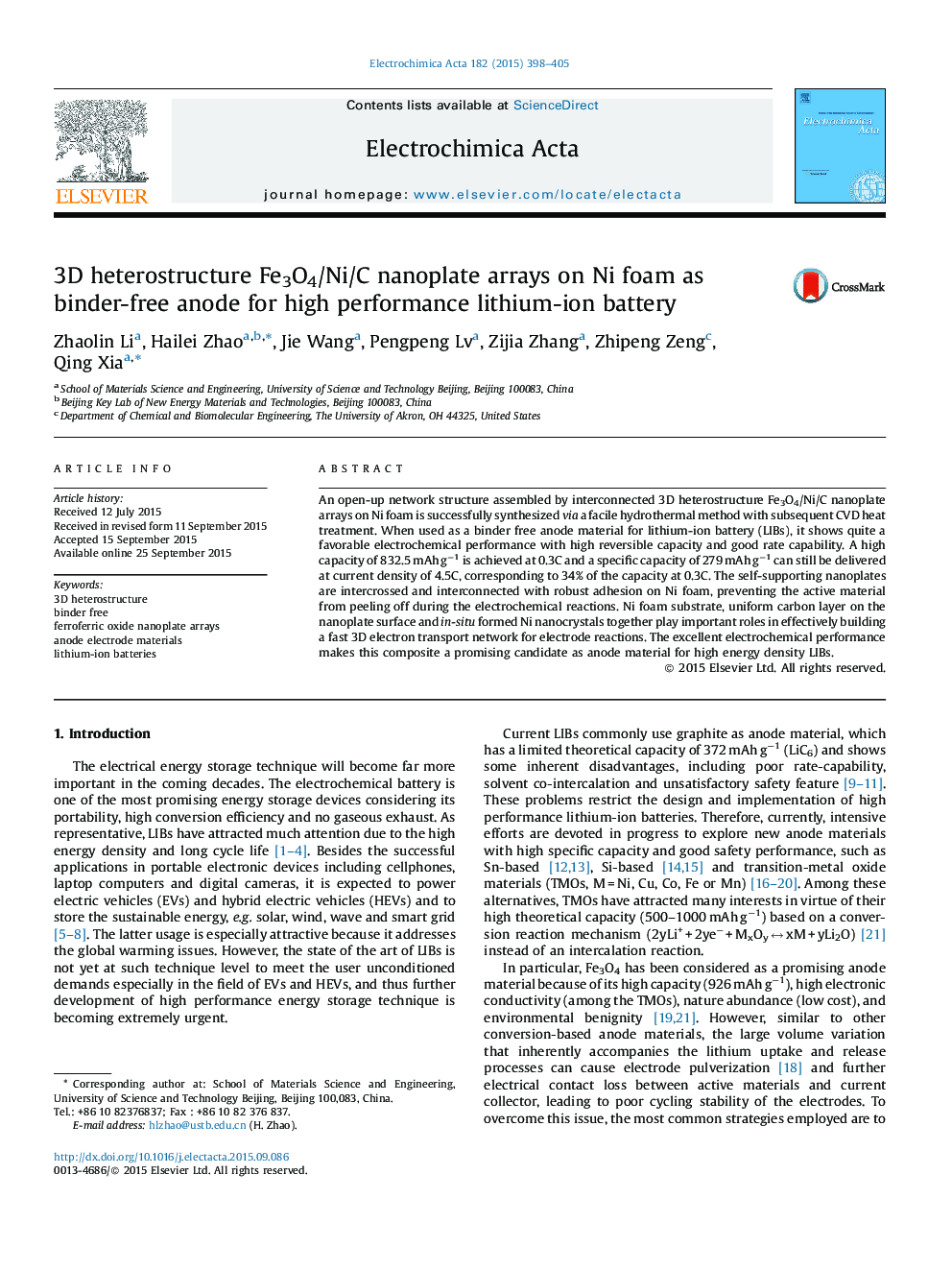 3D heterostructure Fe3O4/Ni/C nanoplate arrays on Ni foam as binder-free anode for high performance lithium-ion battery