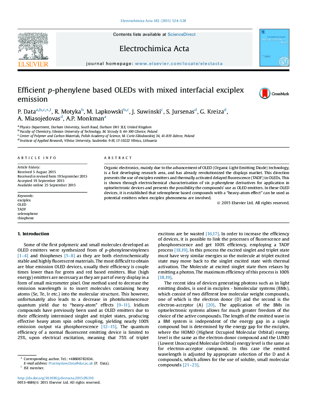 Efficient p-phenylene based OLEDs with mixed interfacial exciplex emission