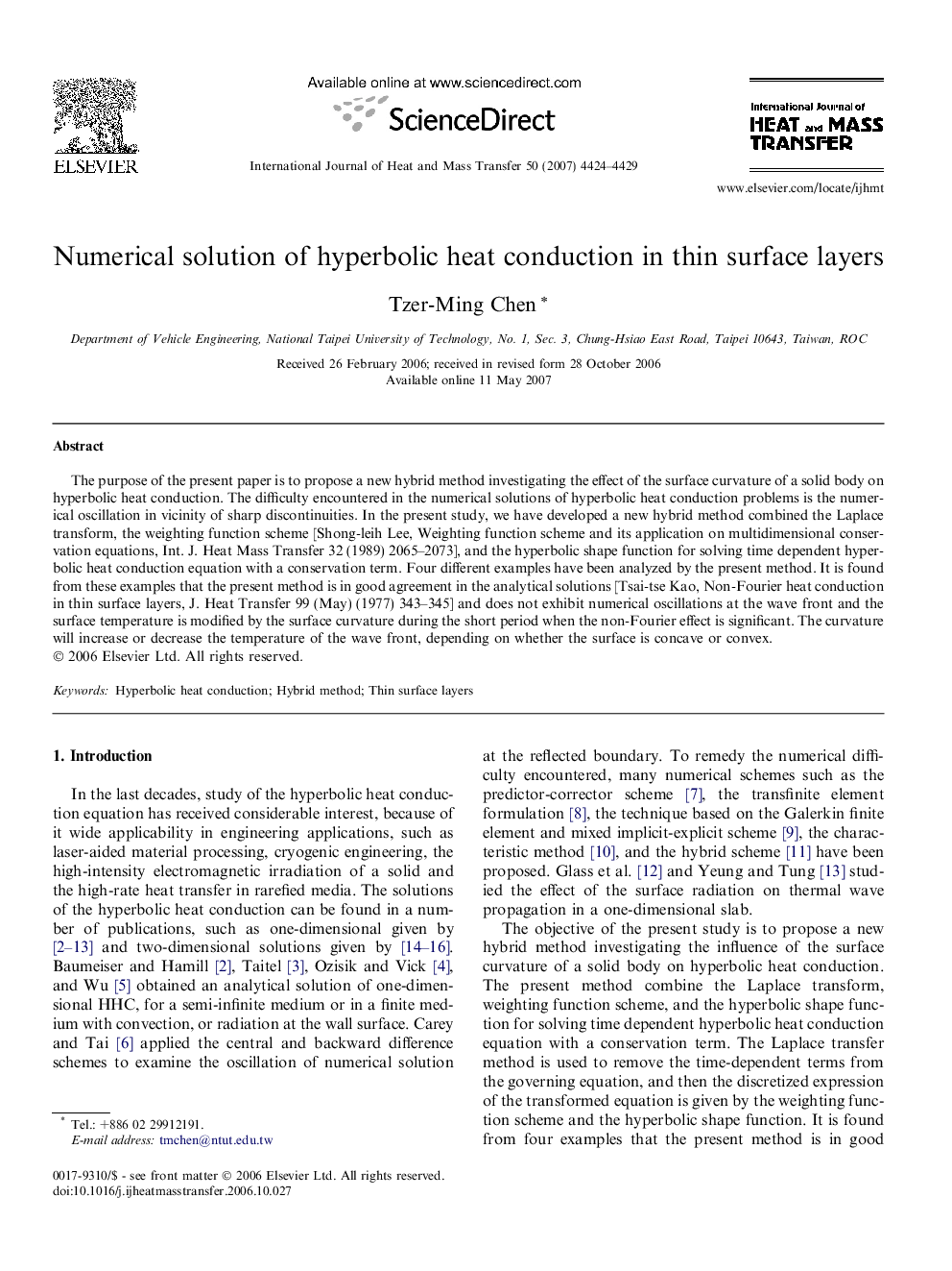 Numerical solution of hyperbolic heat conduction in thin surface layers