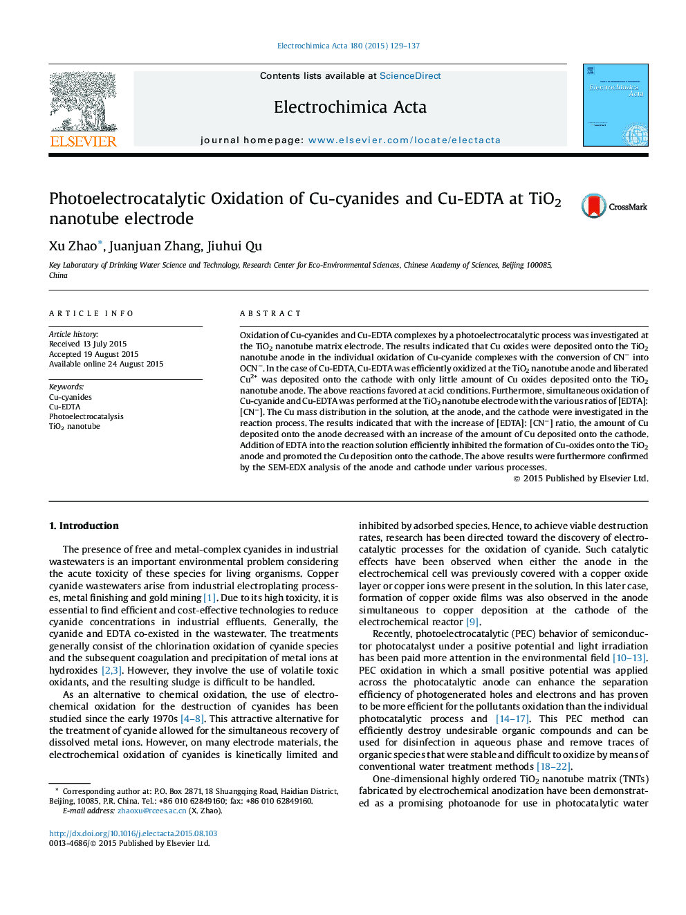 Photoelectrocatalytic Oxidation of Cu-cyanides and Cu-EDTA at TiO2 nanotube electrode