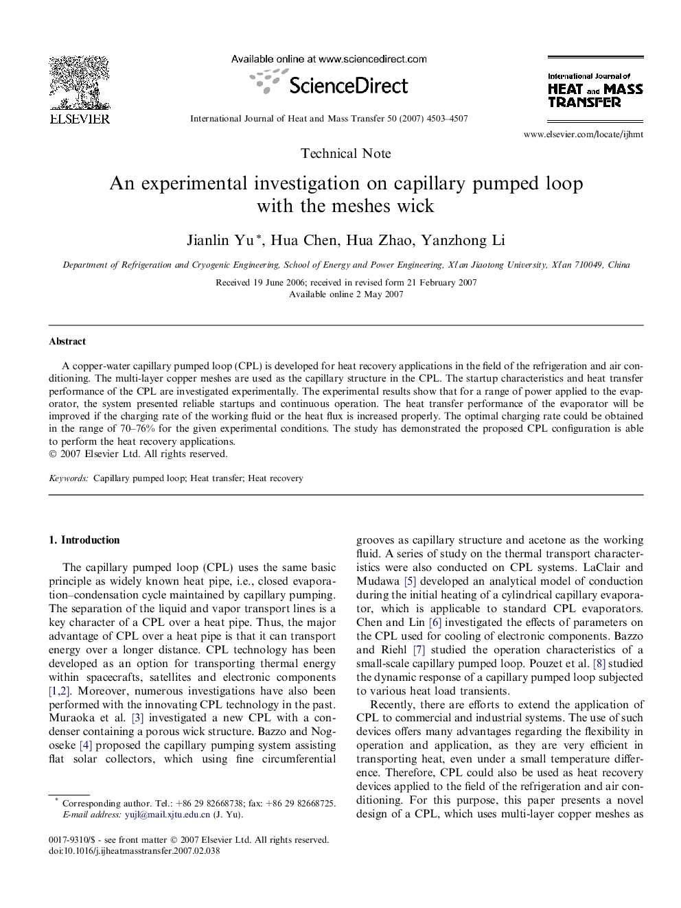 An experimental investigation on capillary pumped loop with the meshes wick