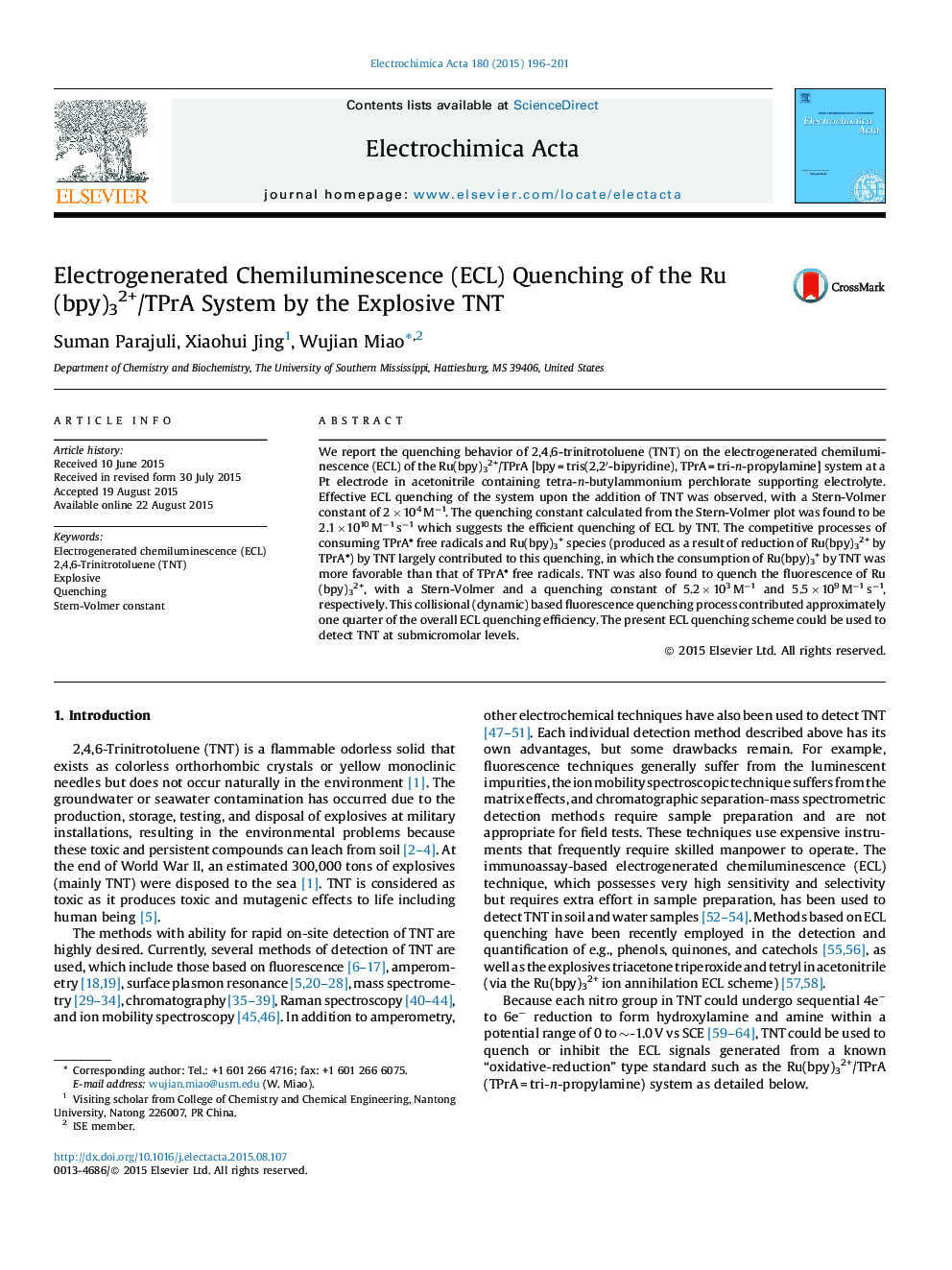 Electrogenerated Chemiluminescence (ECL) Quenching of the Ru(bpy)32+/TPrA System by the Explosive TNT