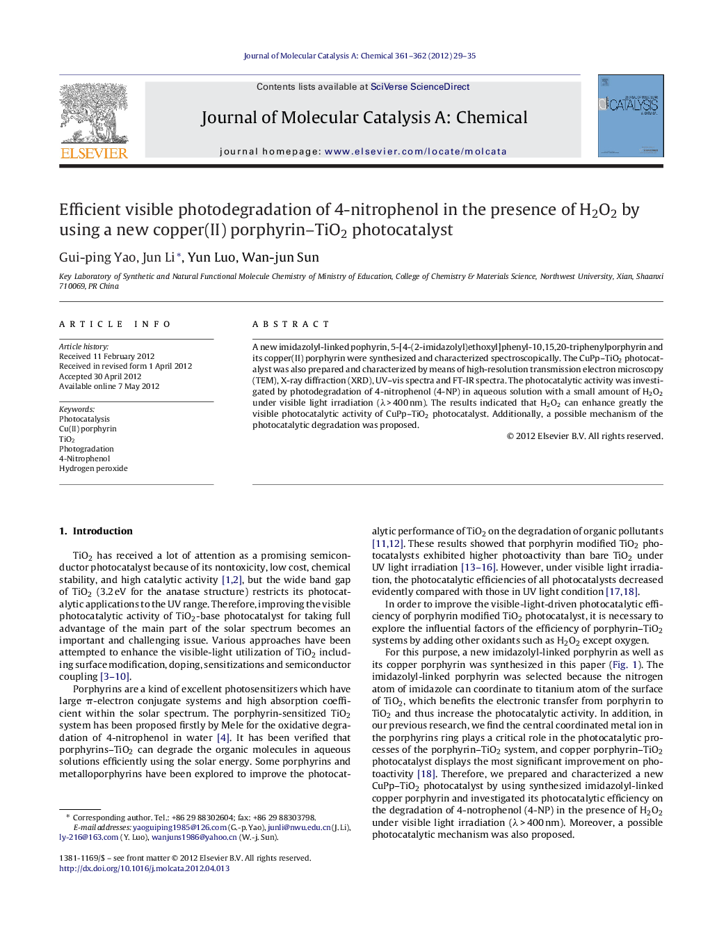 عکس صفحه اول مقاله: Efficient visible photodegradation of 4-nitrophenol in the presence of H2O2 by using a new copper(II) porphyrin–TiO2 photocatalyst Efficient visible photodegradation of 4-nitrophenol in the presence of H2O2 by using a new copper(II) porphyrin–TiO2 photocatalyst