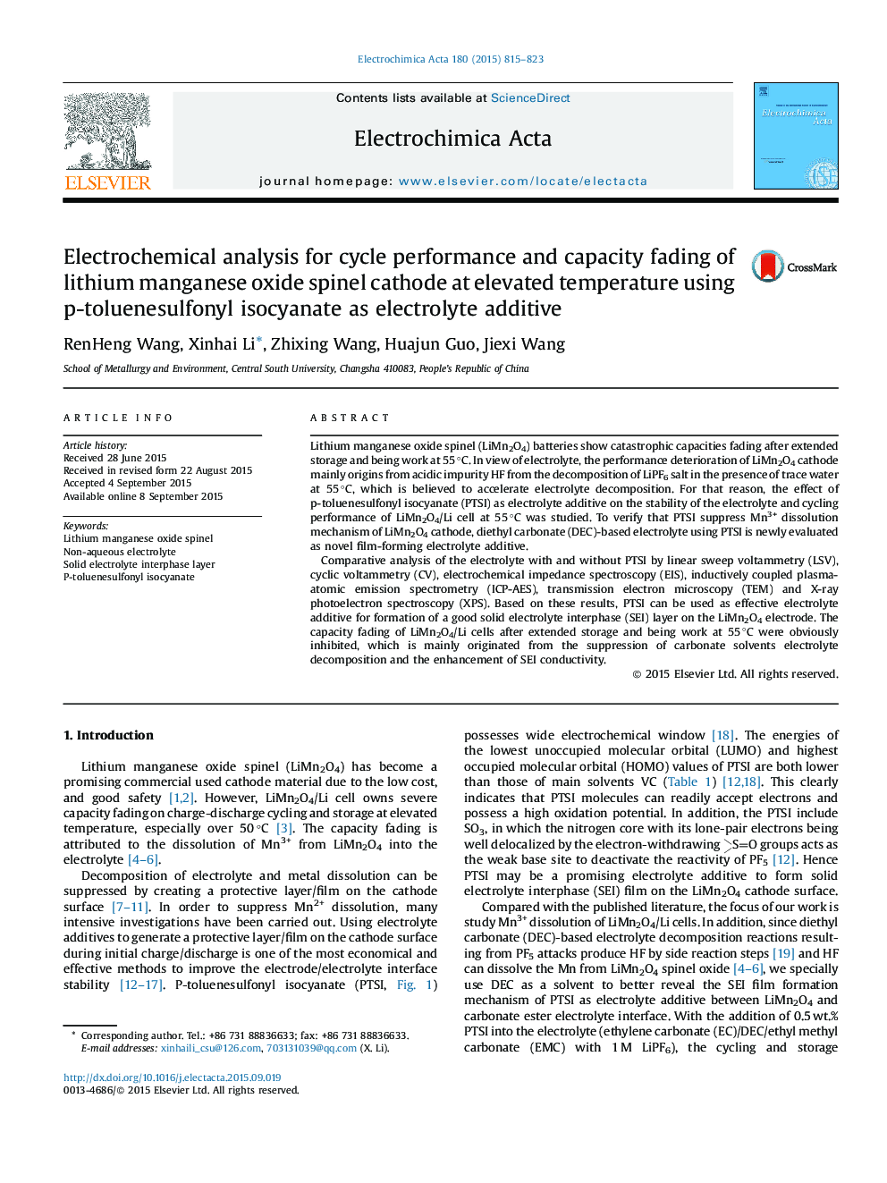 Electrochemical analysis for cycle performance and capacity fading of lithium manganese oxide spinel cathode at elevated temperature using p-toluenesulfonyl isocyanate as electrolyte additive