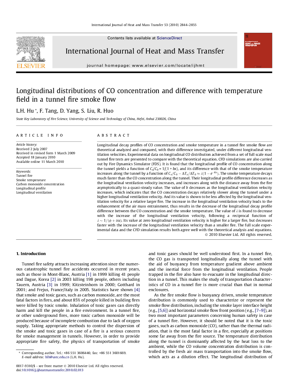 Longitudinal distributions of CO concentration and difference with temperature field in a tunnel fire smoke flow