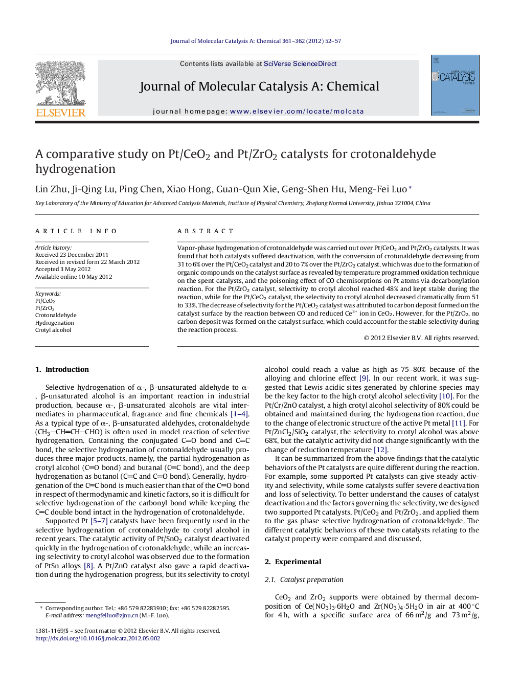 A comparative study on Pt/CeO2 and Pt/ZrO2 catalysts for crotonaldehyde hydrogenation