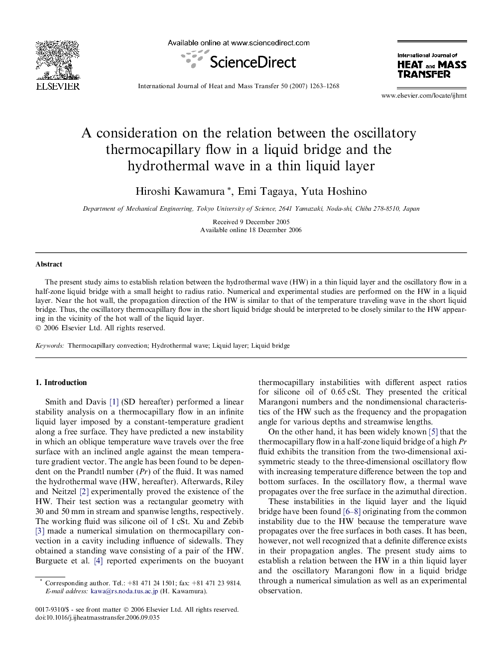 A consideration on the relation between the oscillatory thermocapillary flow in a liquid bridge and the hydrothermal wave in a thin liquid layer