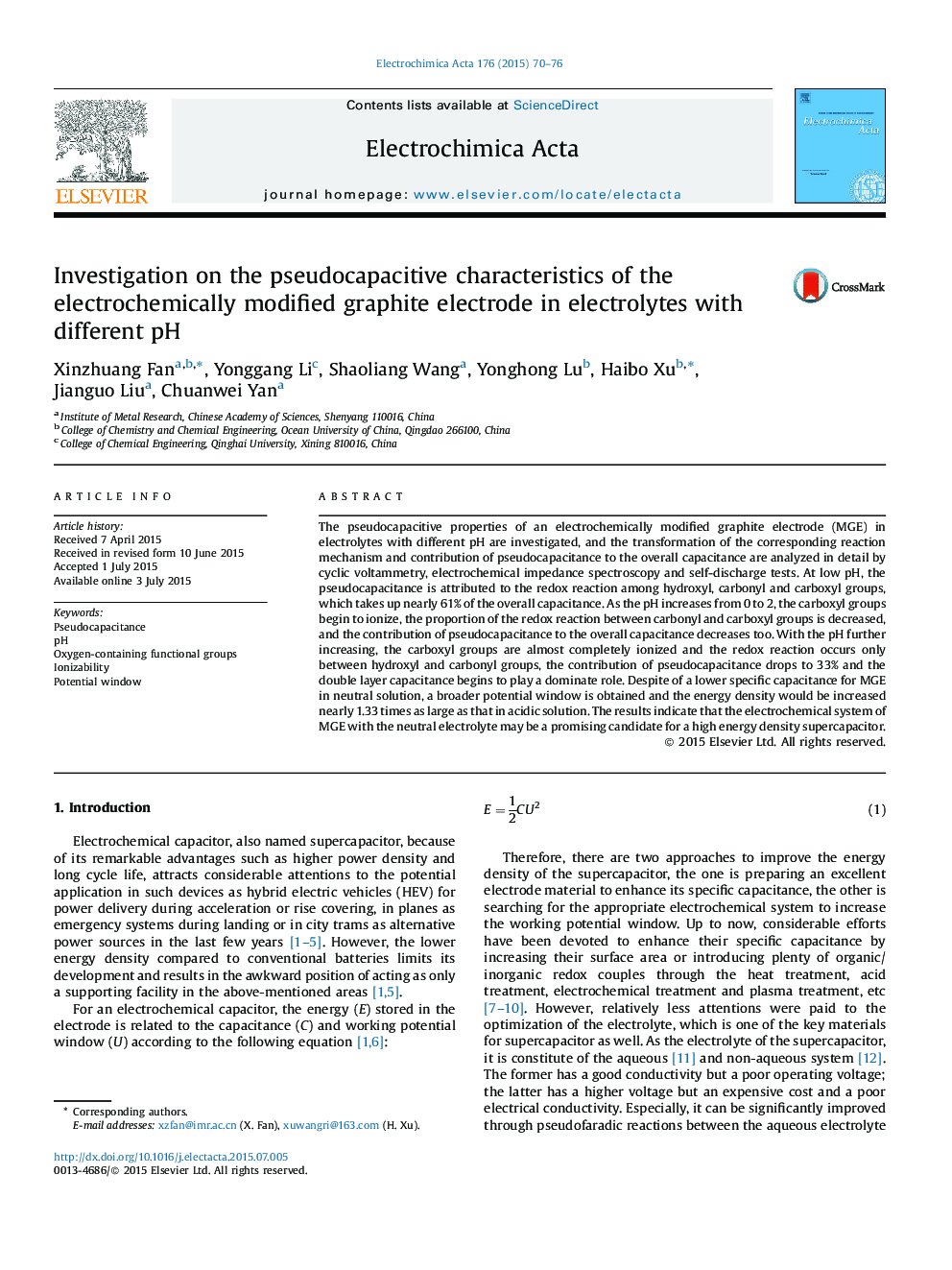 Investigation on the pseudocapacitive characteristics of the electrochemically modified graphite electrode in electrolytes with different pH