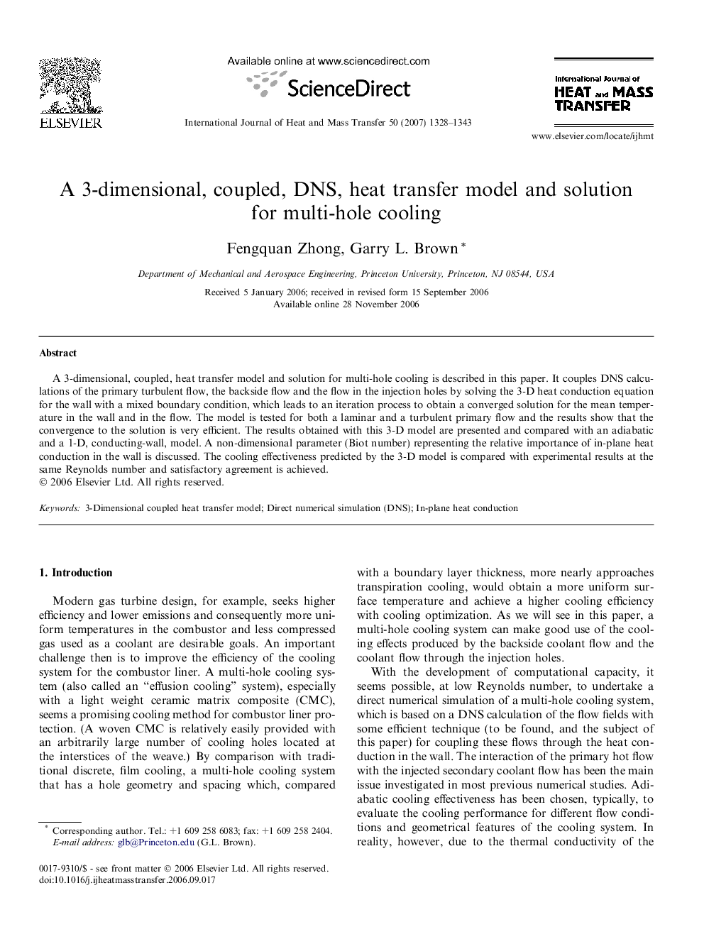 A 3-dimensional, coupled, DNS, heat transfer model and solution for multi-hole cooling