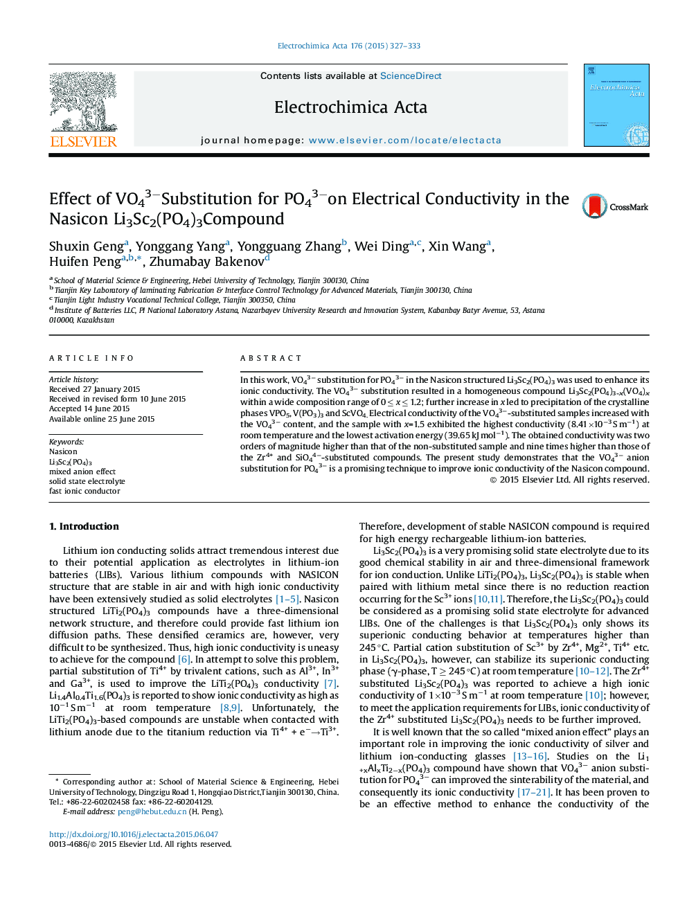 Effect of VO43âSubstitution for PO43âon Electrical Conductivity in the Nasicon Li3Sc2(PO4)3Compound