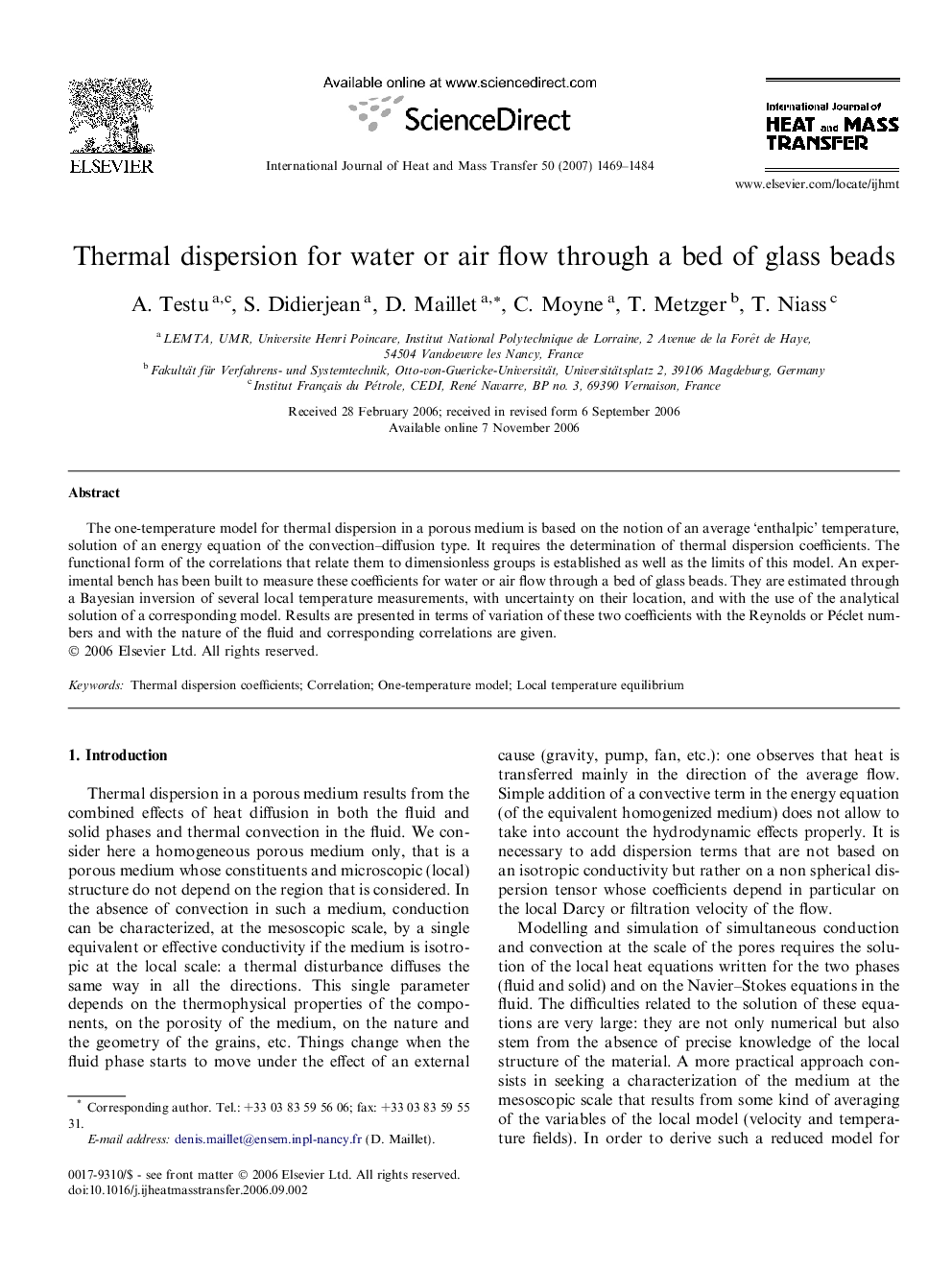 Thermal dispersion for water or air flow through a bed of glass beads