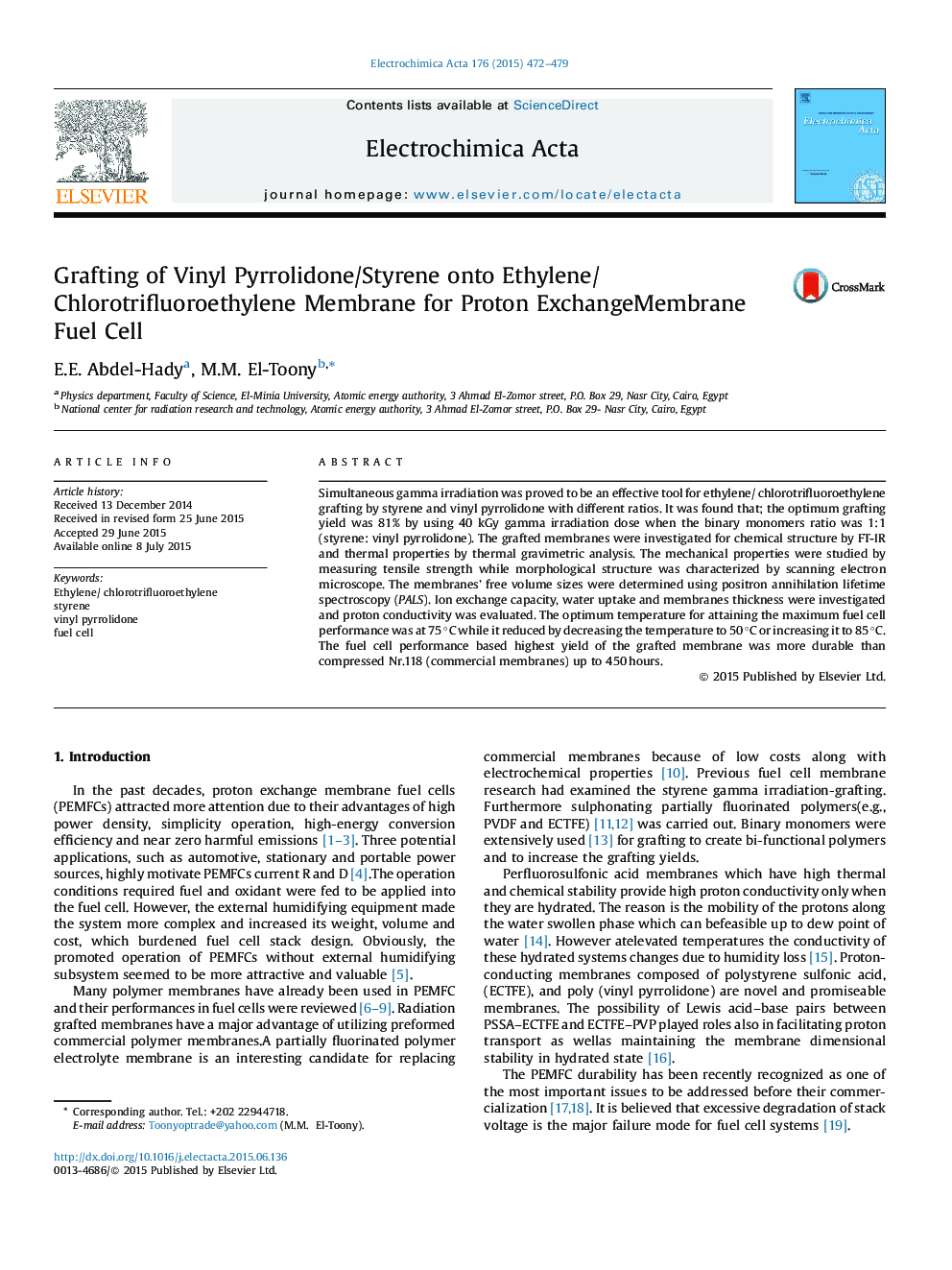 Grafting of Vinyl Pyrrolidone/Styrene onto Ethylene/Chlorotrifluoroethylene Membrane for Proton ExchangeMembrane Fuel Cell