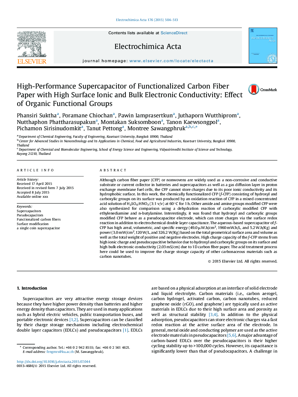 High-Performance Supercapacitor of Functionalized Carbon Fiber Paper with High Surface Ionic and Bulk Electronic Conductivity: Effect of Organic Functional Groups