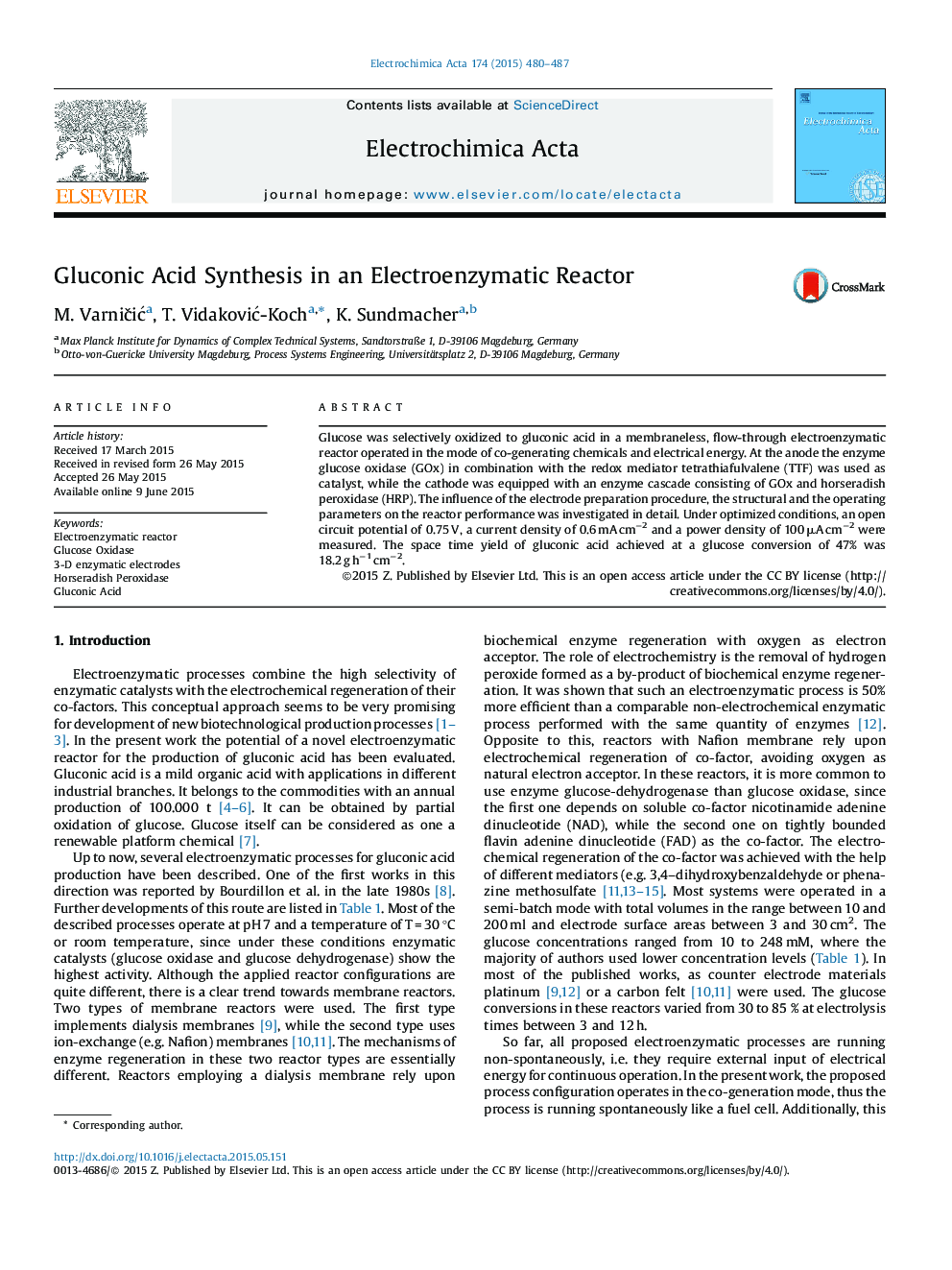 Gluconic Acid Synthesis in an Electroenzymatic Reactor