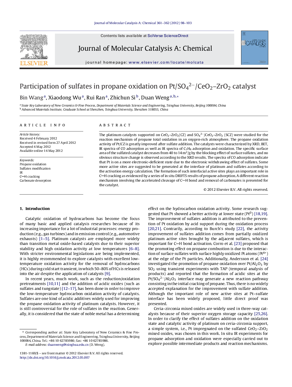 Participation of sulfates in propane oxidation on Pt/SO42−/CeO2–ZrO2 catalyst