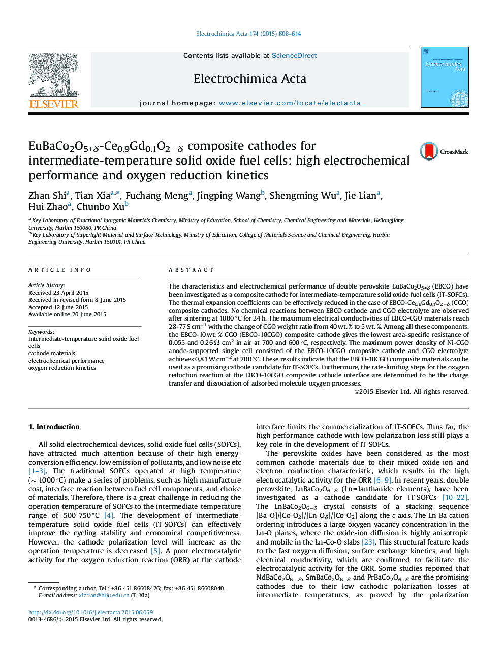 EuBaCo2O5+Î´-Ce0.9Gd0.1O2âÎ´ composite cathodes for intermediate-temperature solid oxide fuel cells: high electrochemical performance and oxygen reduction kinetics