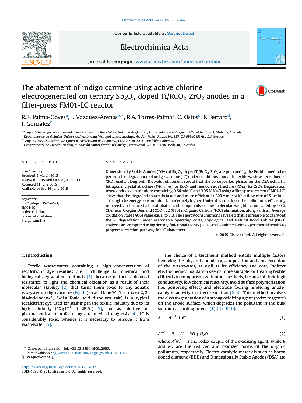 The abatement of indigo carmine using active chlorine electrogenerated on ternary Sb2O5-doped Ti/RuO2-ZrO2 anodes in a filter-press FM01-LC reactor