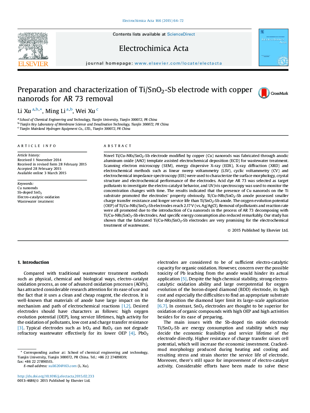 Preparation and characterization of Ti/SnO2-Sb electrode with copper nanorods for AR 73 removal