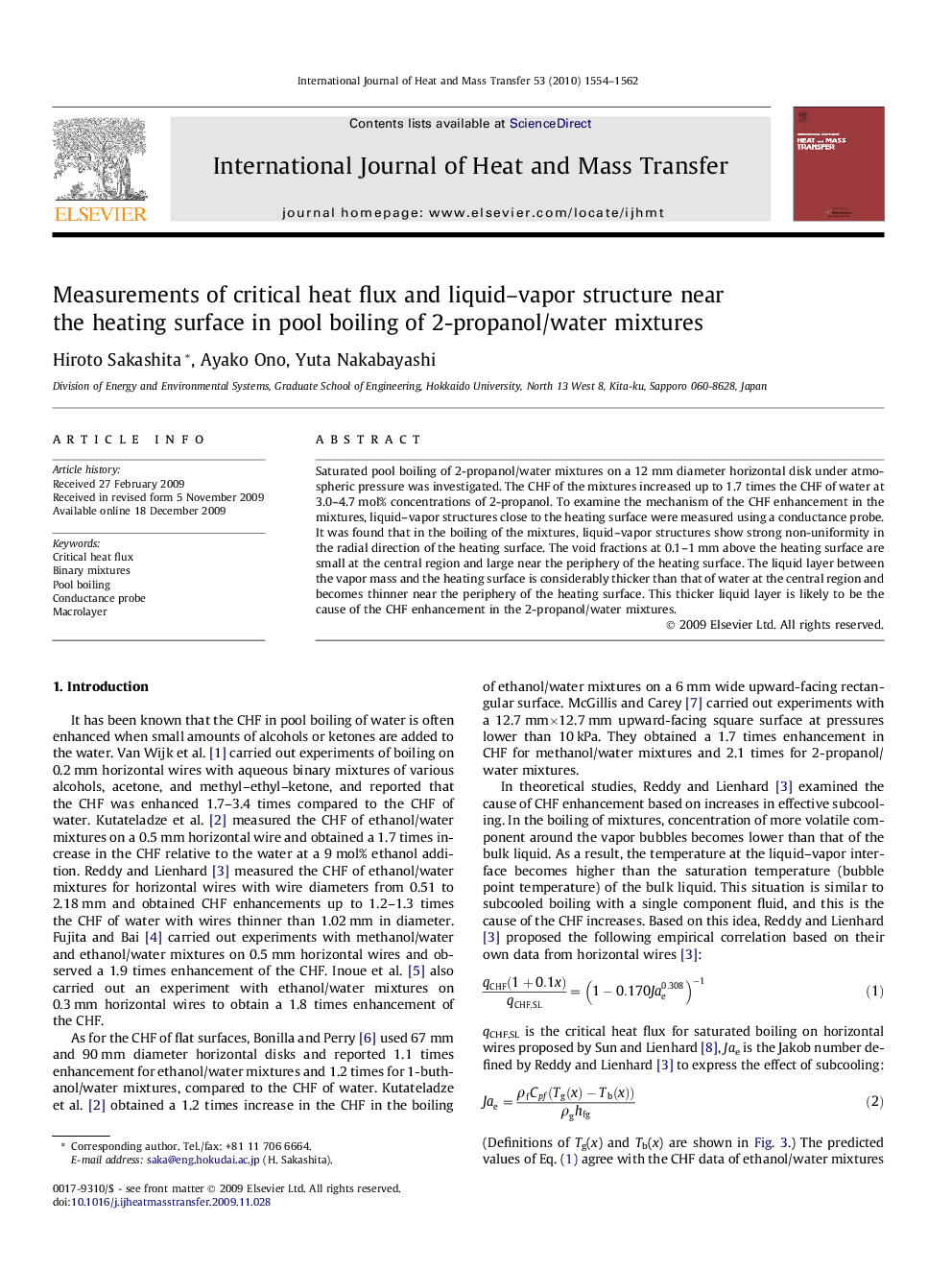 Measurements of critical heat flux and liquid–vapor structure near the heating surface in pool boiling of 2-propanol/water mixtures