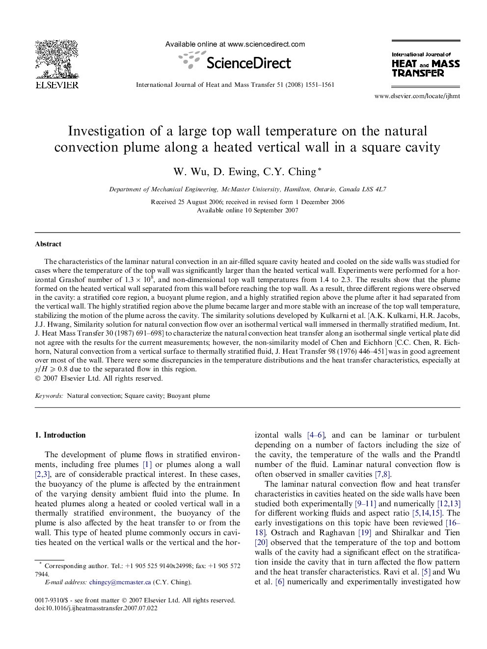 Investigation of a large top wall temperature on the natural convection plume along a heated vertical wall in a square cavity