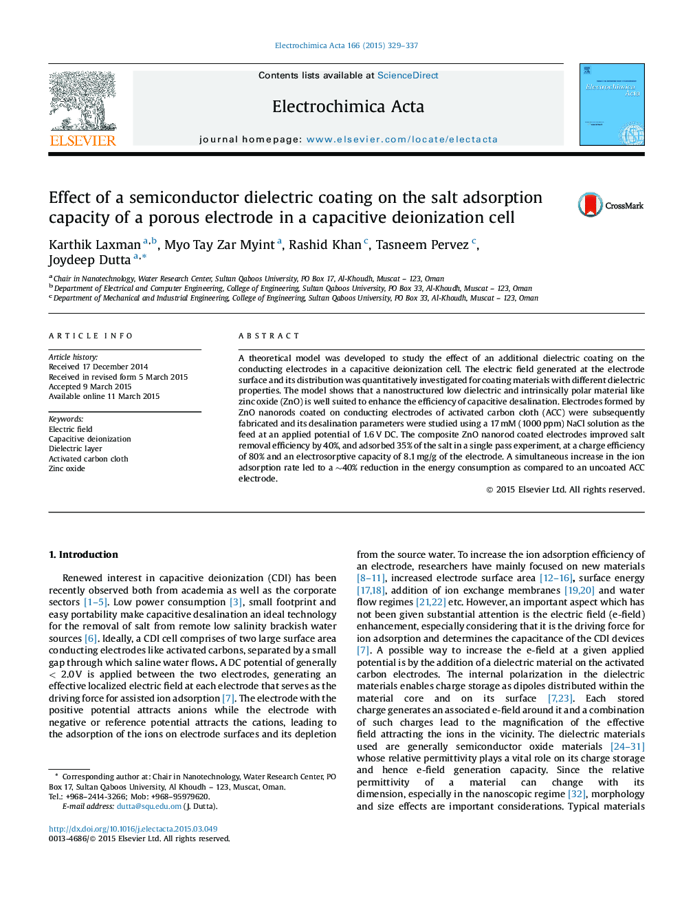 Effect of a semiconductor dielectric coating on the salt adsorption capacity of a porous electrode in a capacitive deionization cell