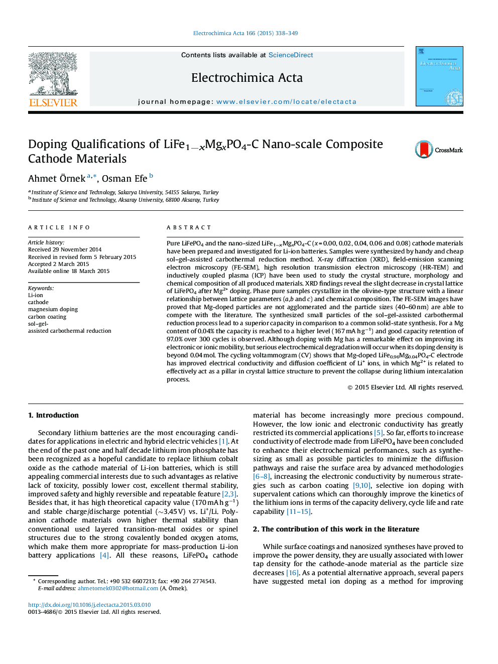 Doping Qualifications of LiFe1âxMgxPO4-C Nano-scale Composite Cathode Materials