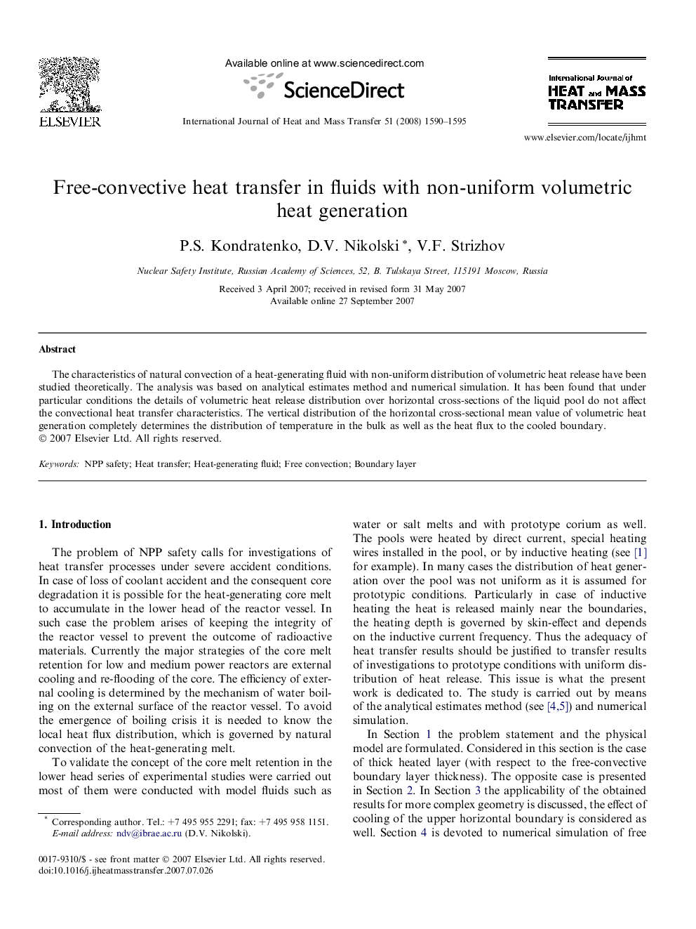 Free-convective heat transfer in fluids with non-uniform volumetric heat generation