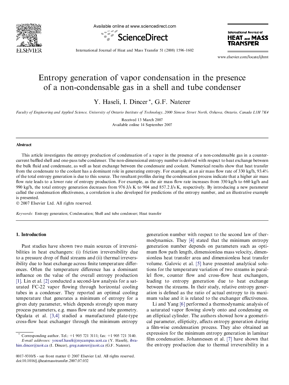 Entropy generation of vapor condensation in the presence of a non-condensable gas in a shell and tube condenser