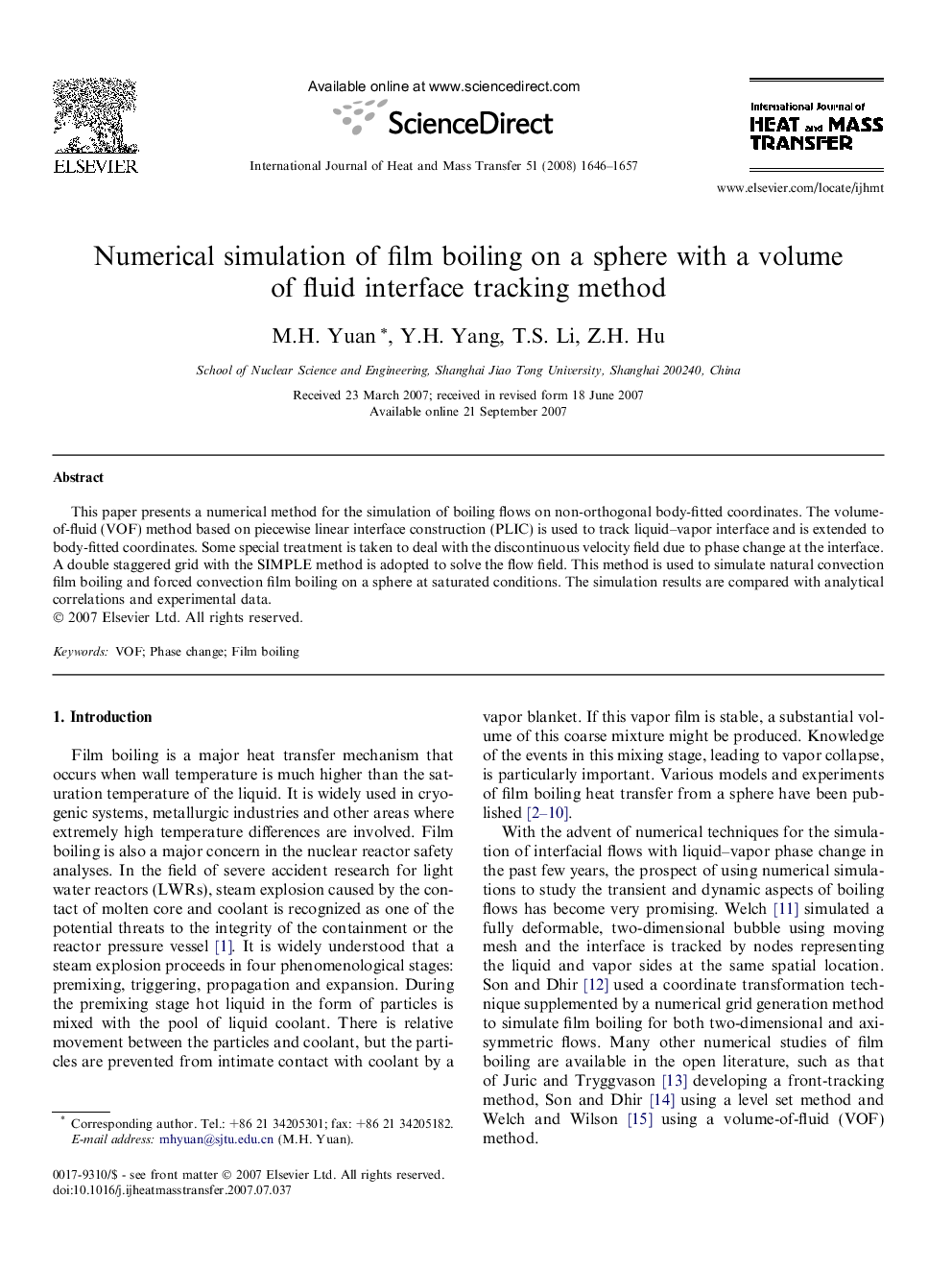 Numerical simulation of film boiling on a sphere with a volume of fluid interface tracking method