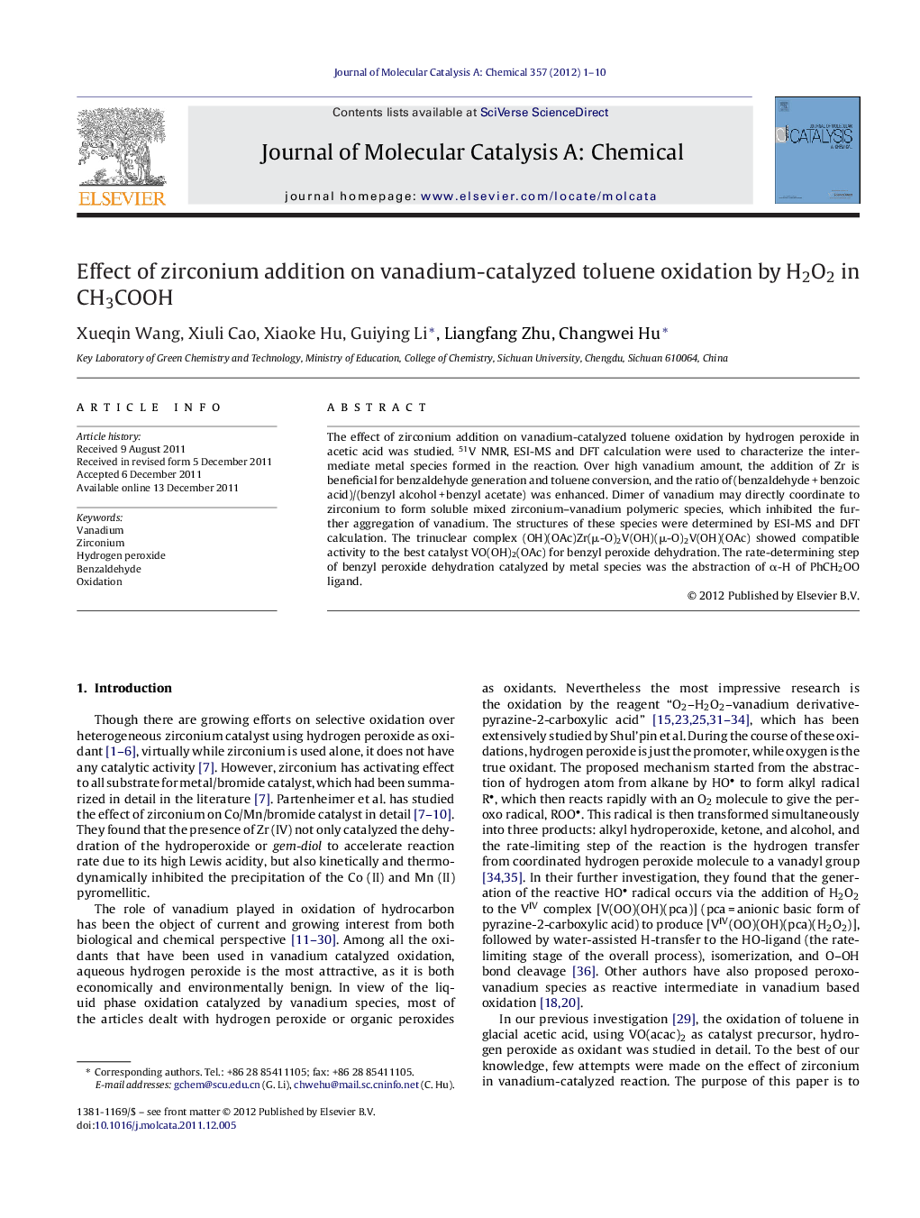 Effect of zirconium addition on vanadium-catalyzed toluene oxidation by H2O2 in CH3COOH