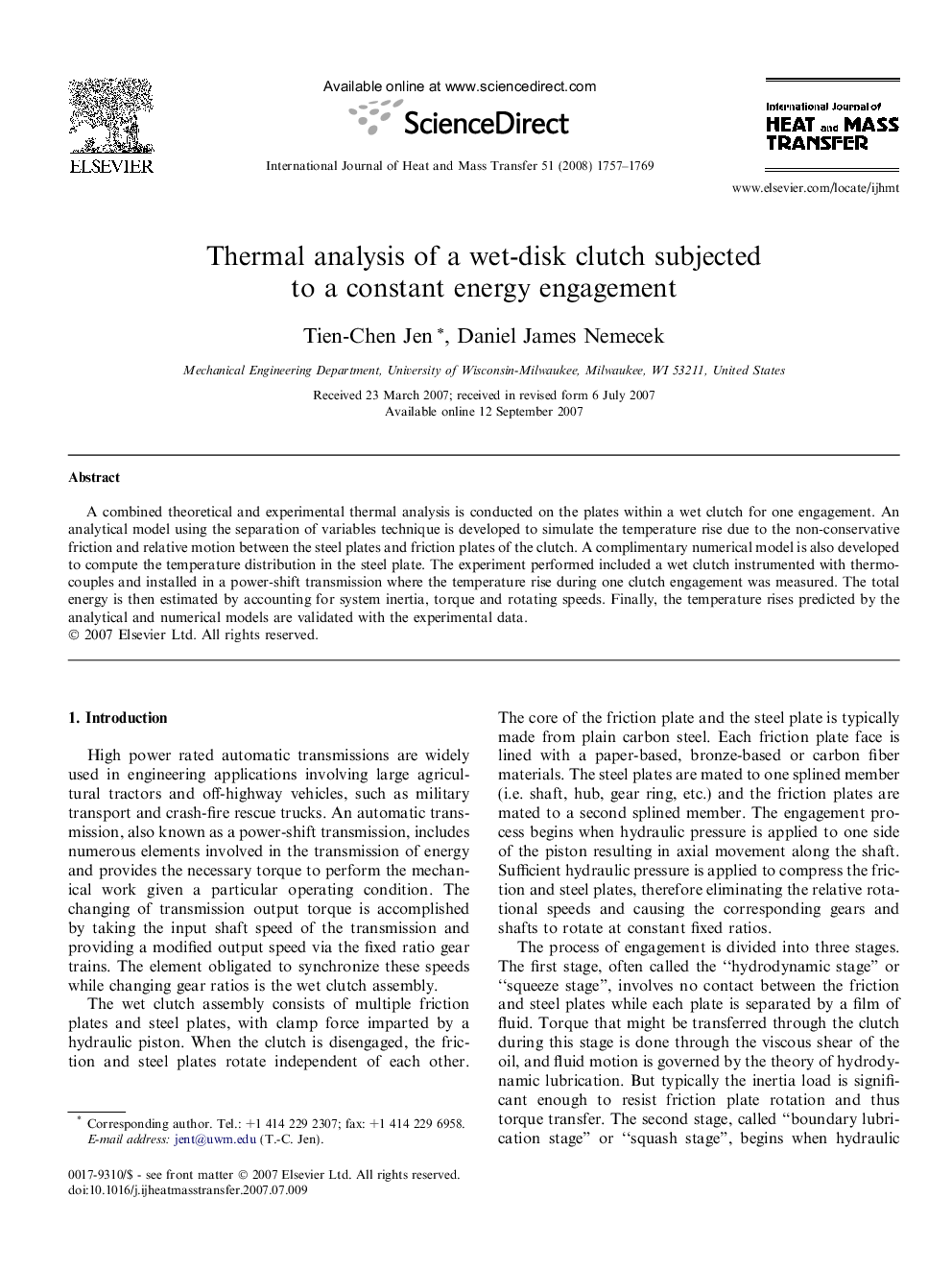 Thermal analysis of a wet-disk clutch subjected to a constant energy engagement