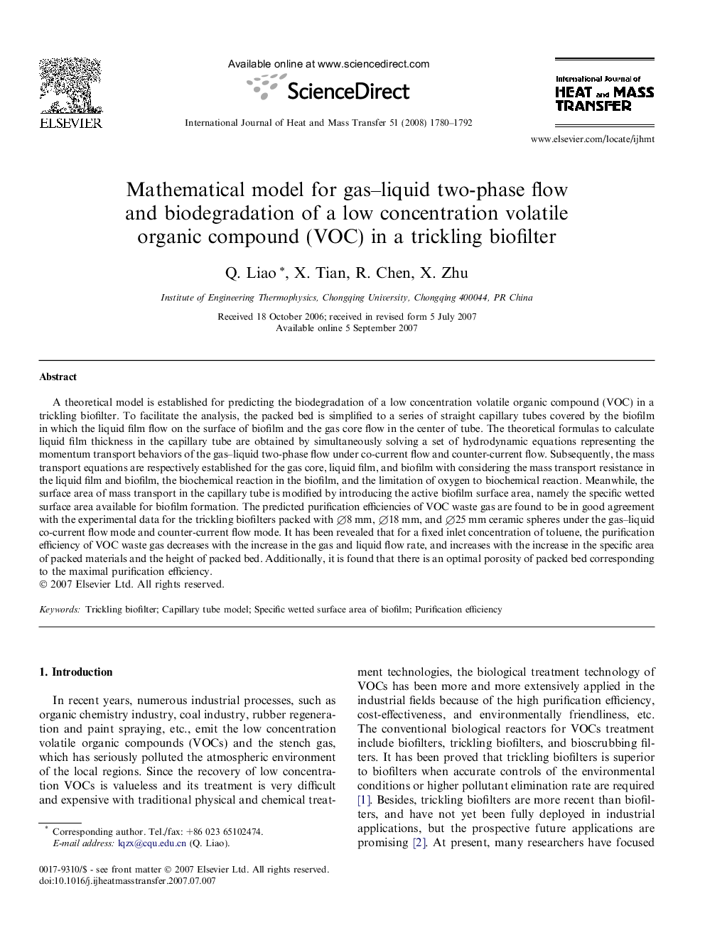 Mathematical model for gas–liquid two-phase flow and biodegradation of a low concentration volatile organic compound (VOC) in a trickling biofilter