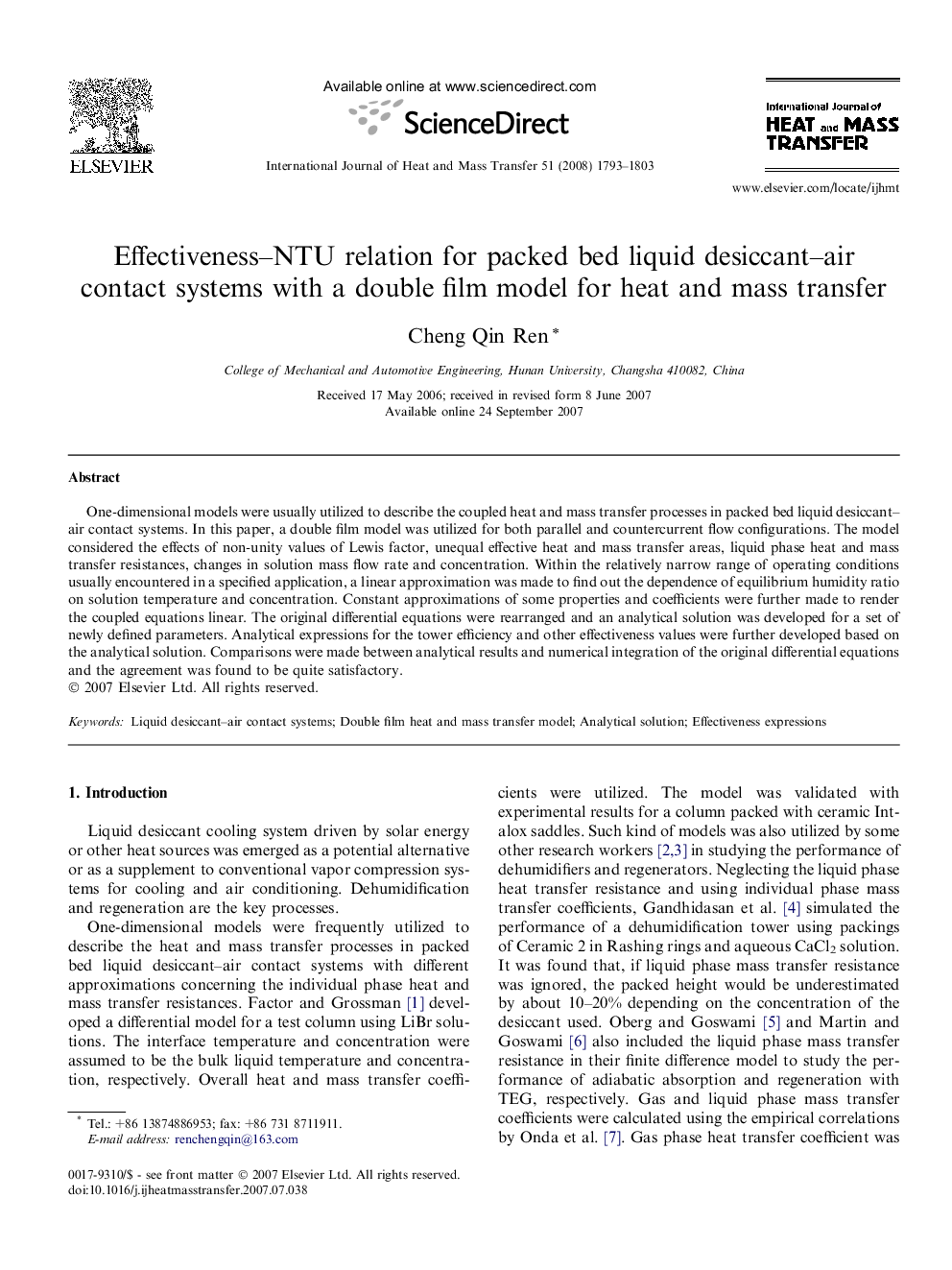 Effectiveness–NTU relation for packed bed liquid desiccant–air contact systems with a double film model for heat and mass transfer