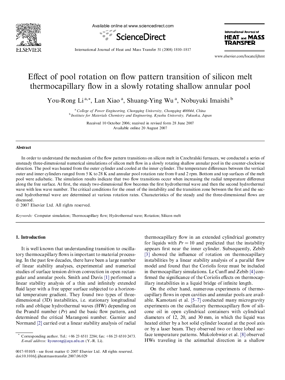 Effect of pool rotation on flow pattern transition of silicon melt thermocapillary flow in a slowly rotating shallow annular pool