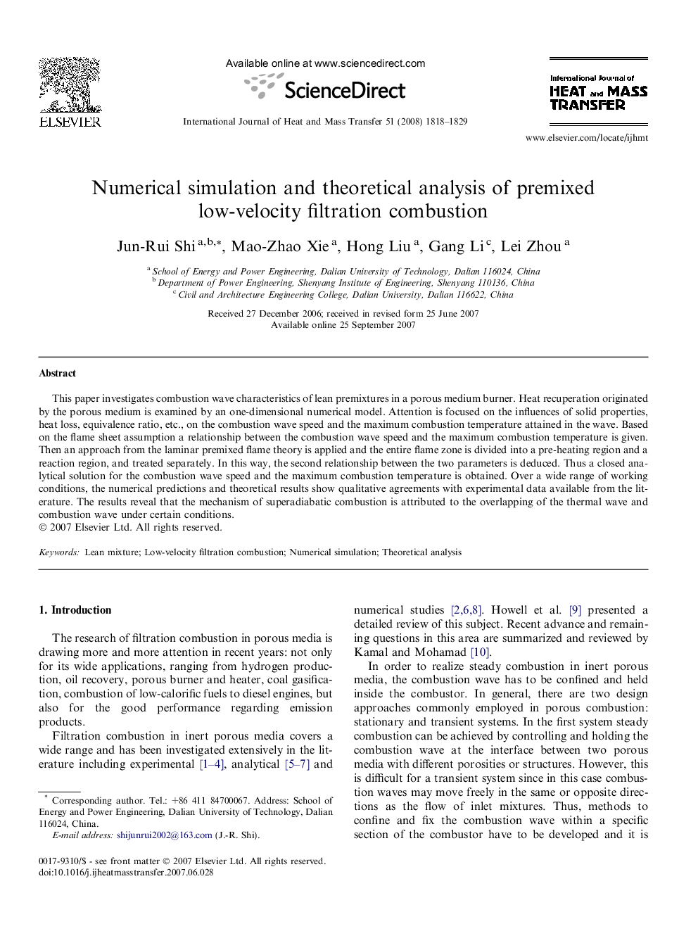 Numerical simulation and theoretical analysis of premixed low-velocity filtration combustion