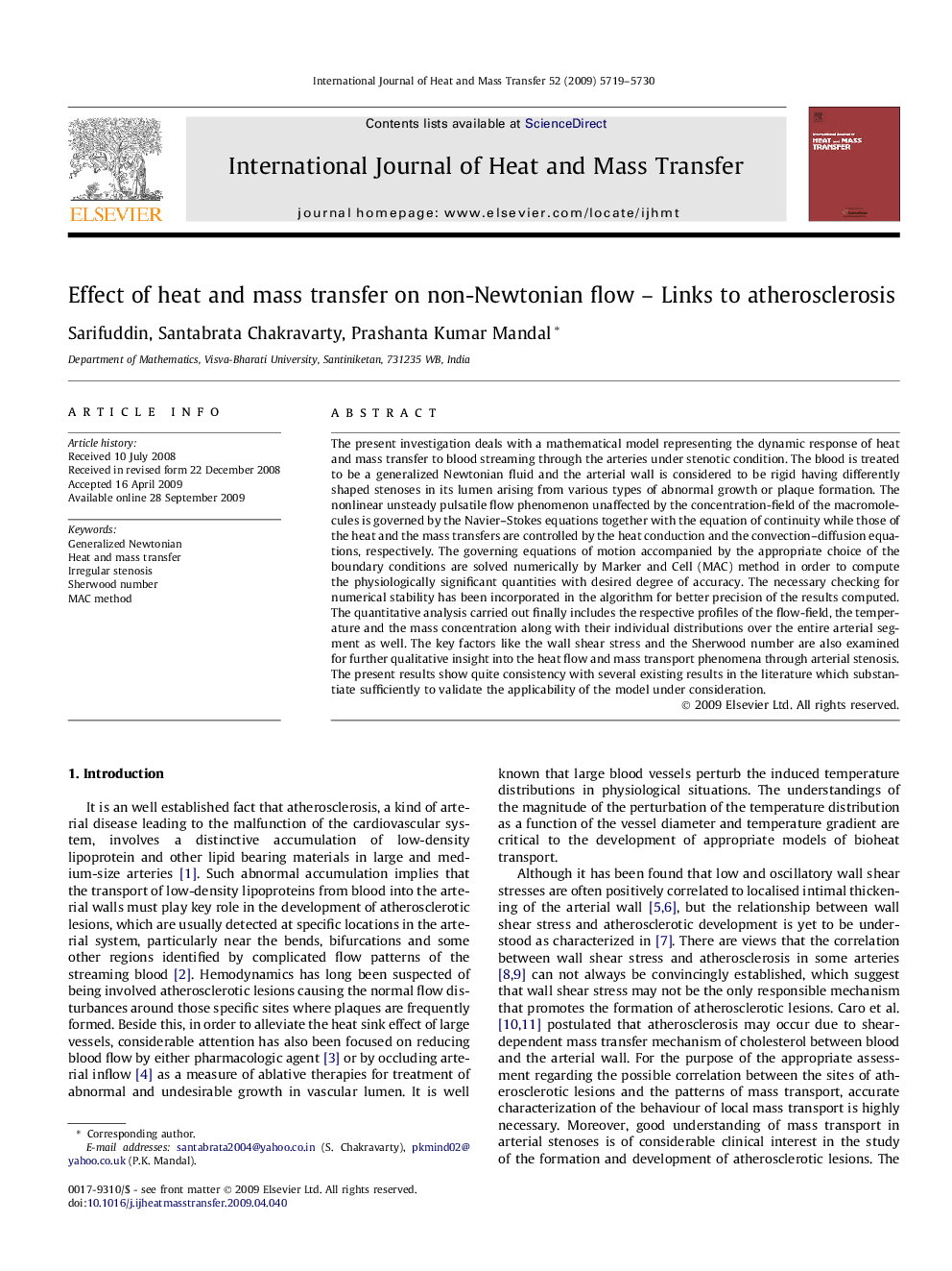 Effect of heat and mass transfer on non-Newtonian flow – Links to atherosclerosis