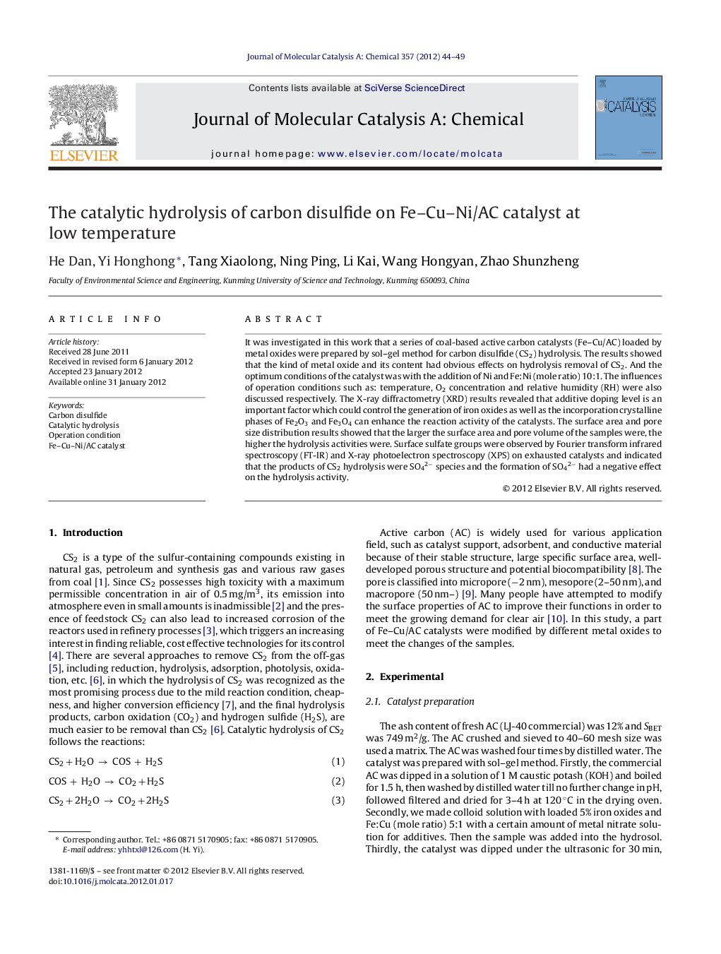 The catalytic hydrolysis of carbon disulfide on Fe–Cu–Ni/AC catalyst at low temperature