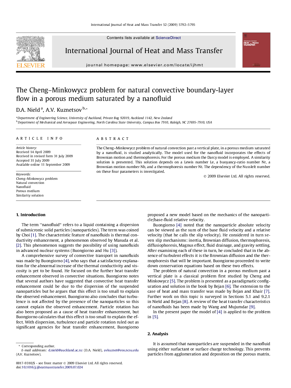 The Cheng–Minkowycz problem for natural convective boundary-layer flow in a porous medium saturated by a nanofluid