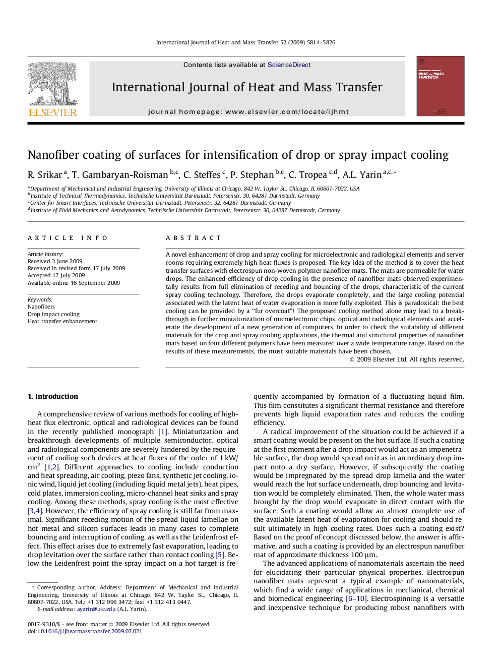 Nanofiber coating of surfaces for intensification of drop or spray impact cooling