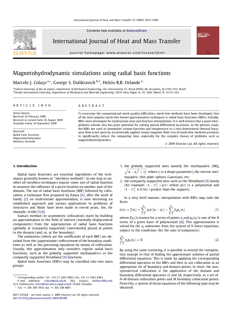 Magnetohydrodynamic simulations using radial basis functions