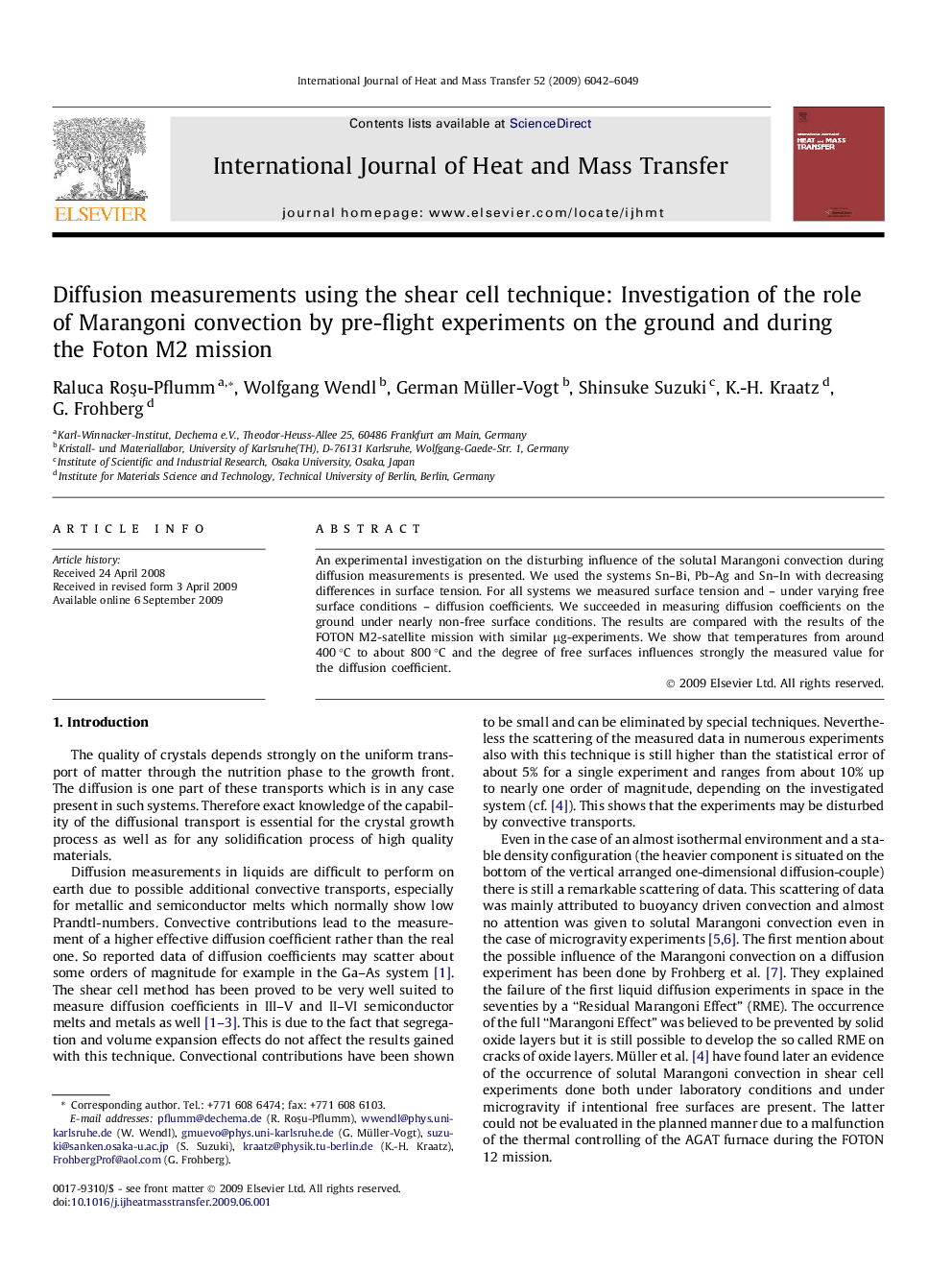 Diffusion measurements using the shear cell technique: Investigation of the role of Marangoni convection by pre-flight experiments on the ground and during the Foton M2 mission