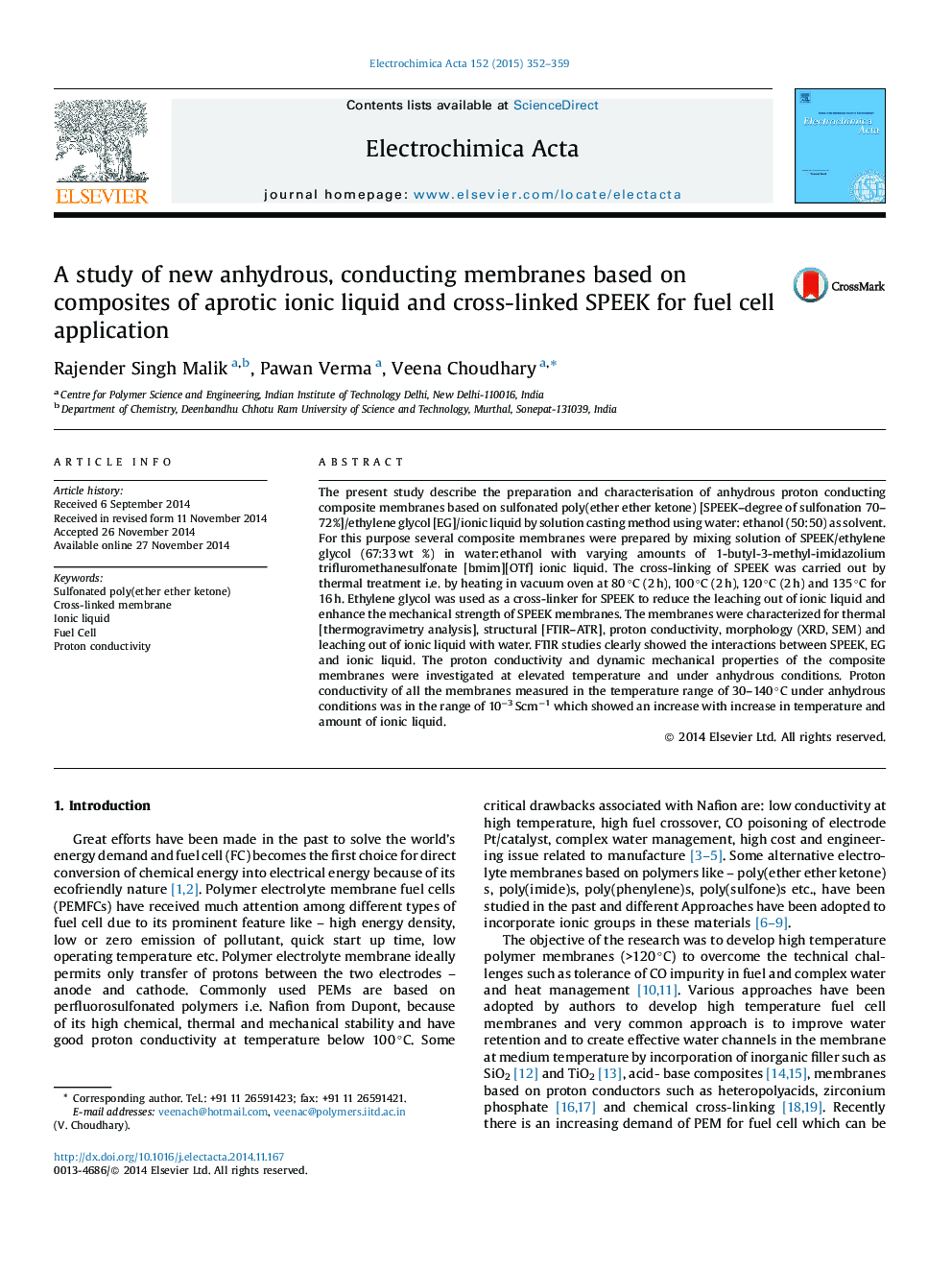 A study of new anhydrous, conducting membranes based on composites of aprotic ionic liquid and cross-linked SPEEK for fuel cell application