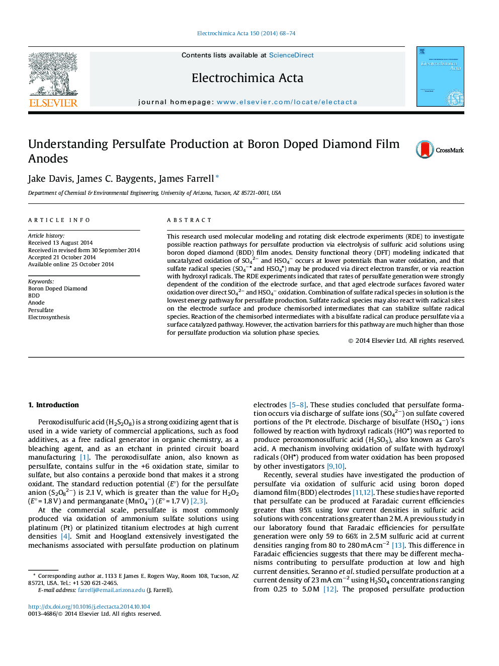 Understanding Persulfate Production at Boron Doped Diamond Film Anodes