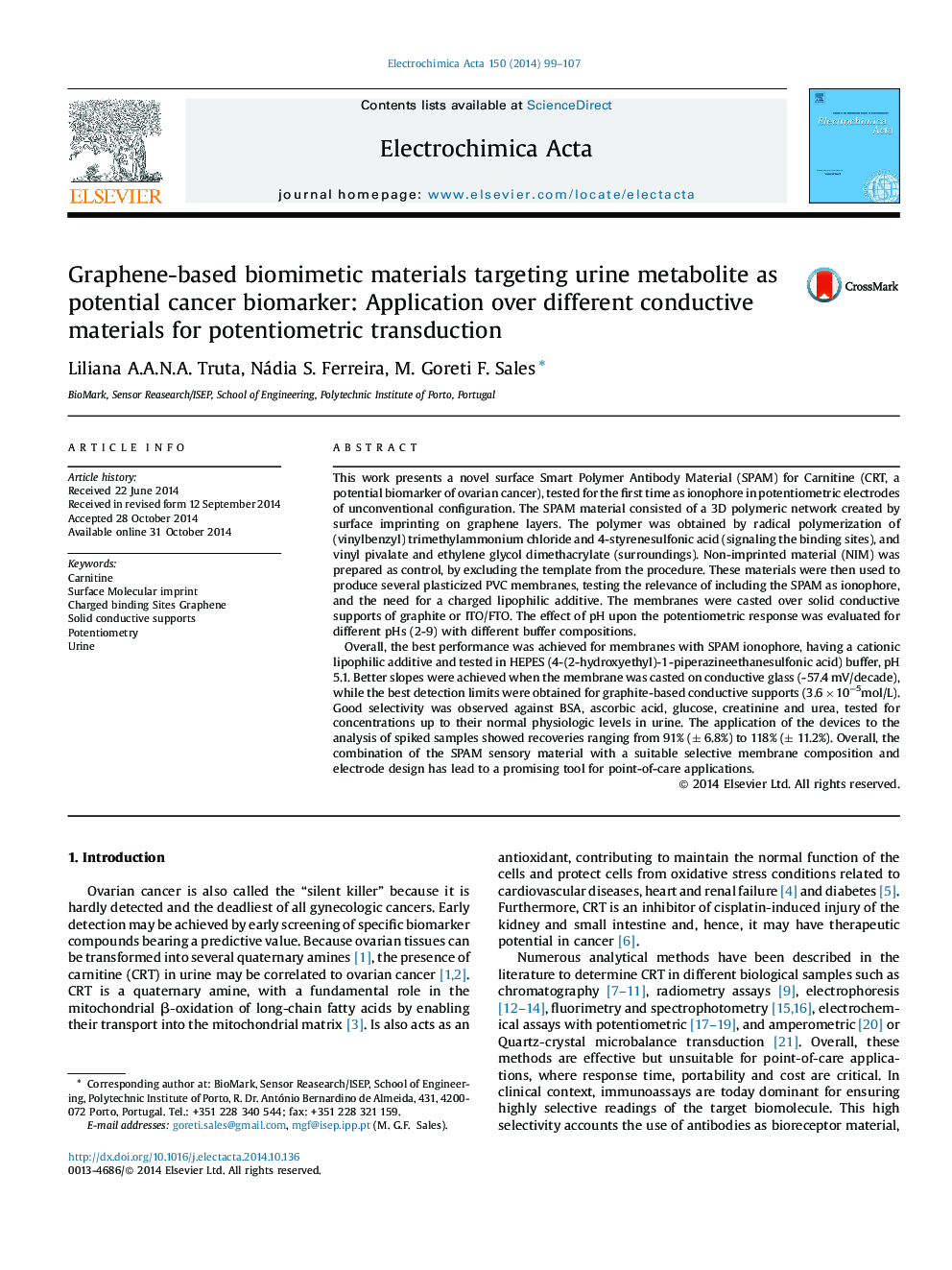 Graphene-based biomimetic materials targeting urine metabolite as potential cancer biomarker: Application over different conductive materials for potentiometric transduction