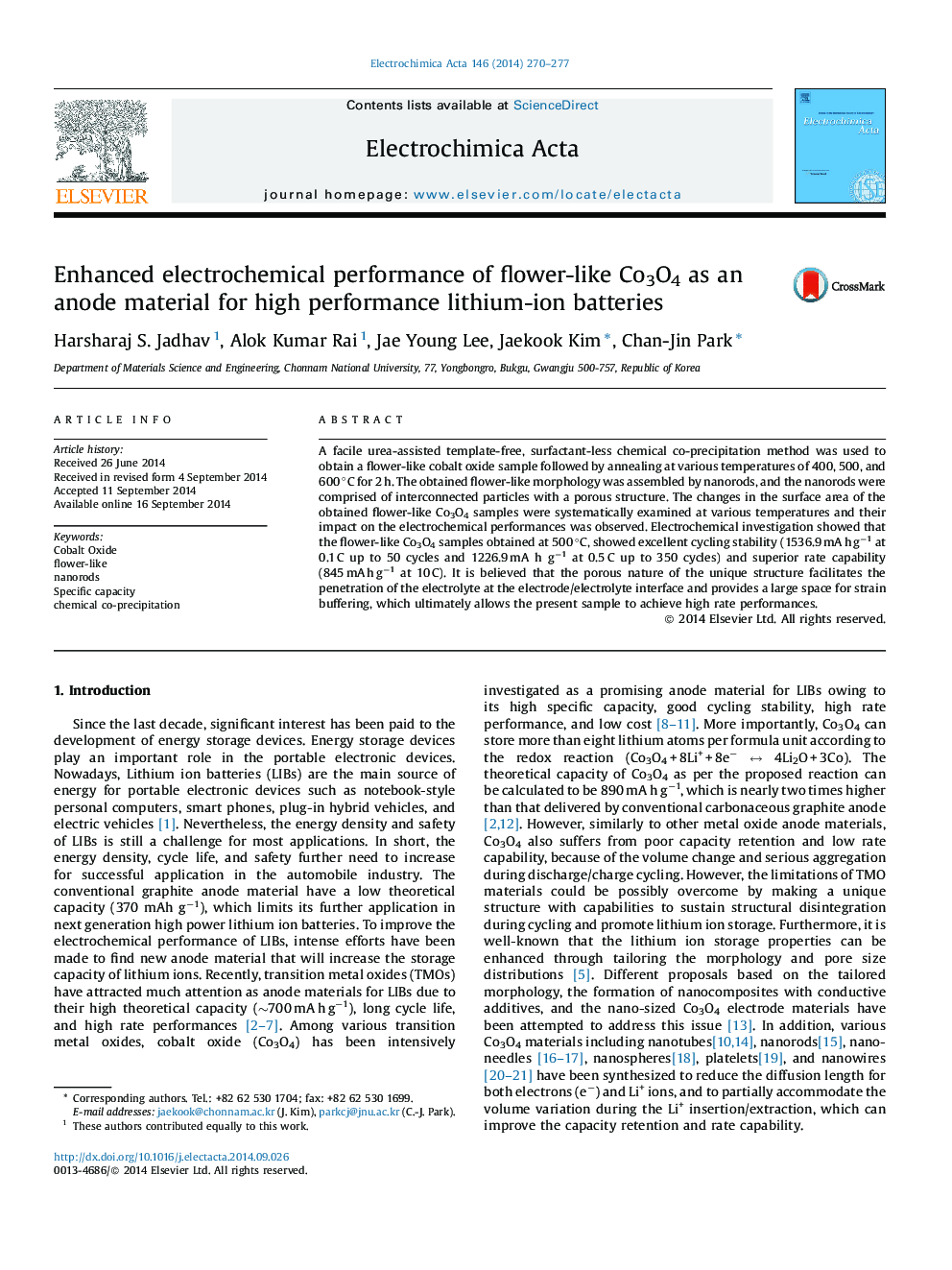 Enhanced electrochemical performance of flower-like Co3O4 as an anode material for high performance lithium-ion batteries